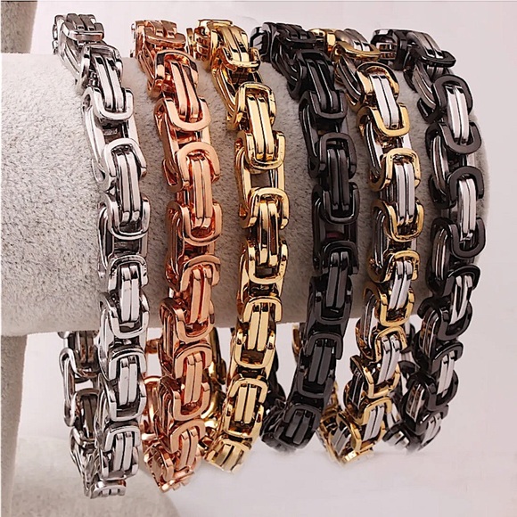 STAINLESS STEEL GOLD BYZANTINE MECHANIC SILVER BLACK BIKER BRACELET - Picture 3 of 8